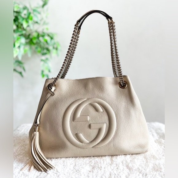 Gucci Handbags - Gucci Soho Leather Shoulder Bag with Tassel Off White Color